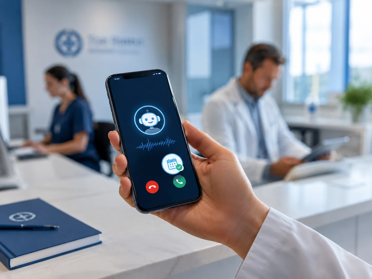 Profesional usando AI Phone en una clínica