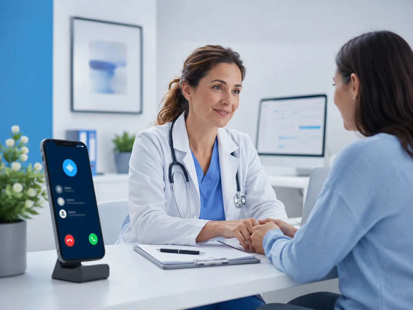 Doctora atendiendo a una paciente mientras AI Phone gestiona llamadas