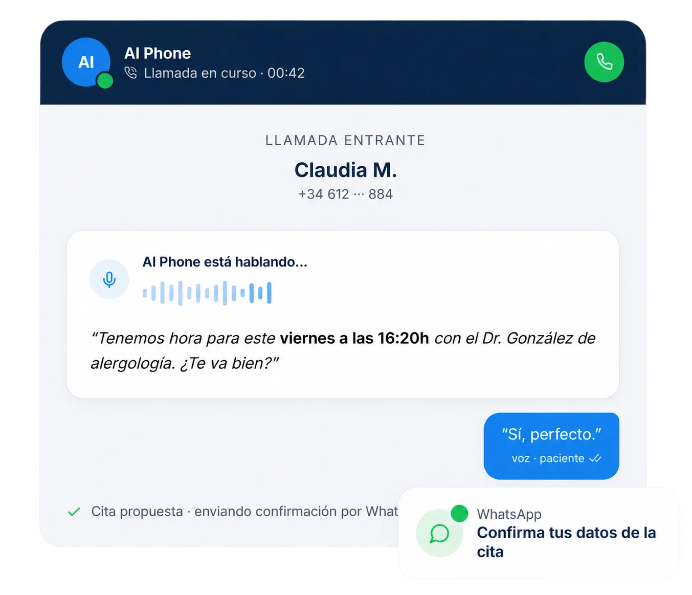 AI Phone atendiendo una llamada y agendando una cita médica